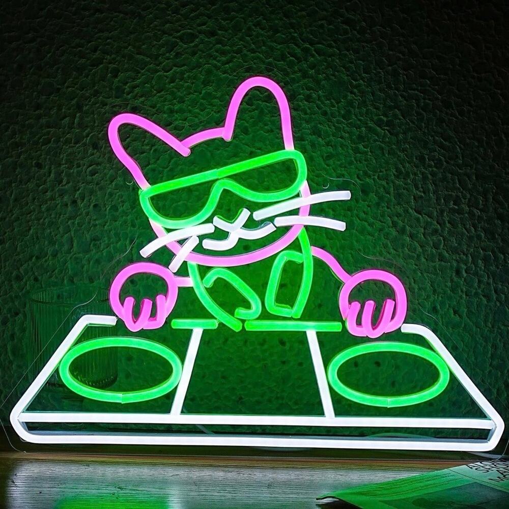 Cat DJ Player Neon Sign Funny Night Light Room Wall Decoration